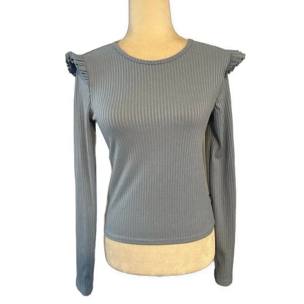 buffalo david edition Crew Neck blue ribbed long sleeve knit top Small